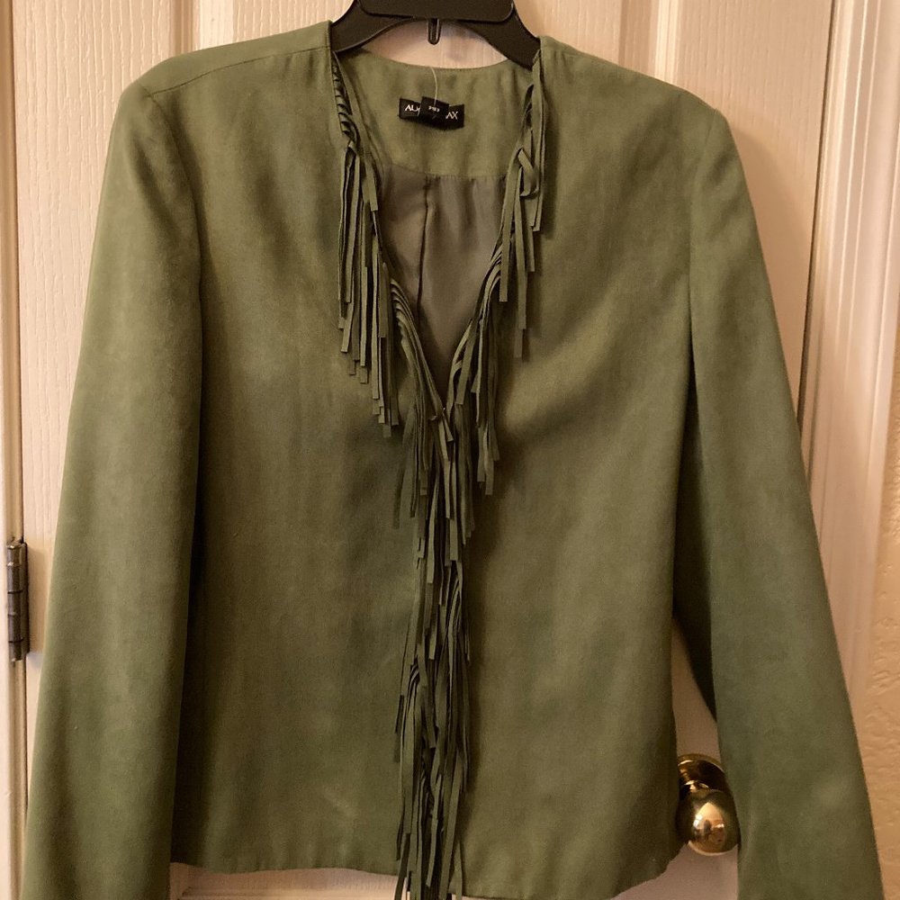 August Max fringed jacket, green, new, velvety fabric